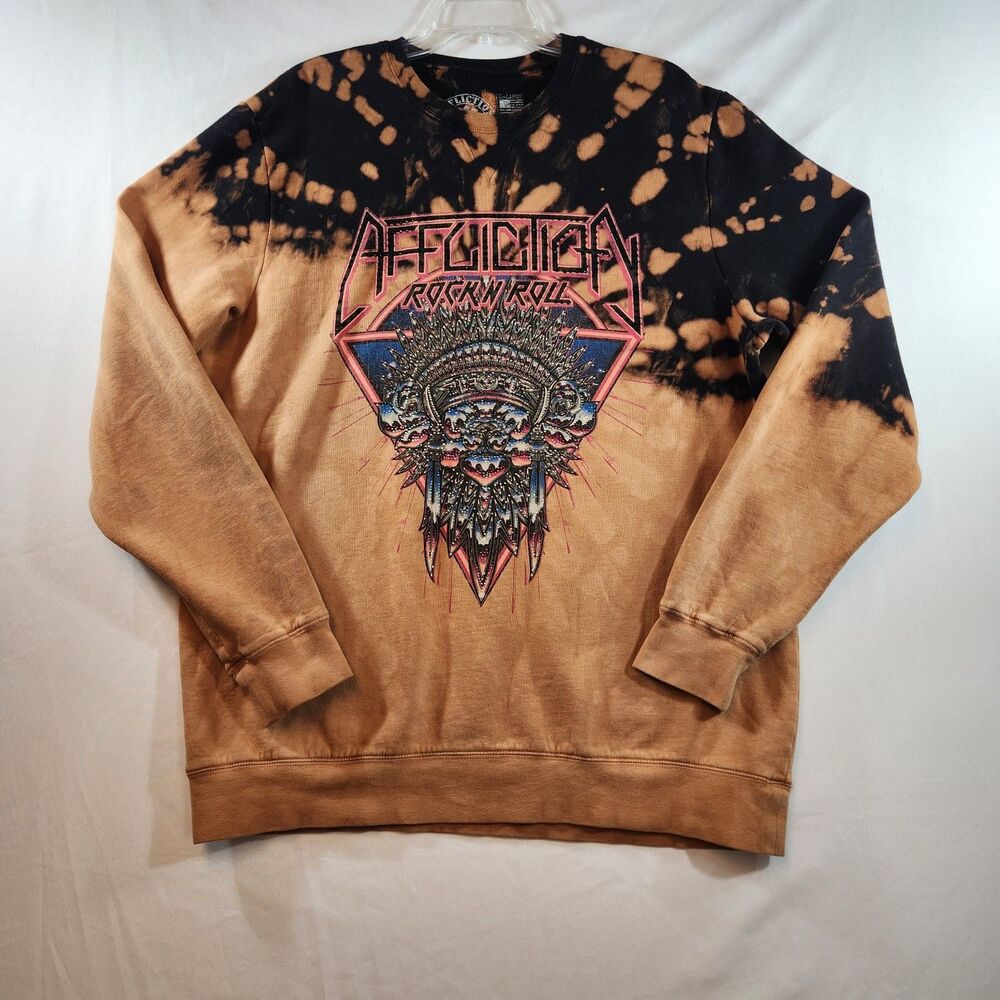 Affliction Brown Black Tie Dye Sweatshirt Mens XL RocknRoll Headdress Rhinestone